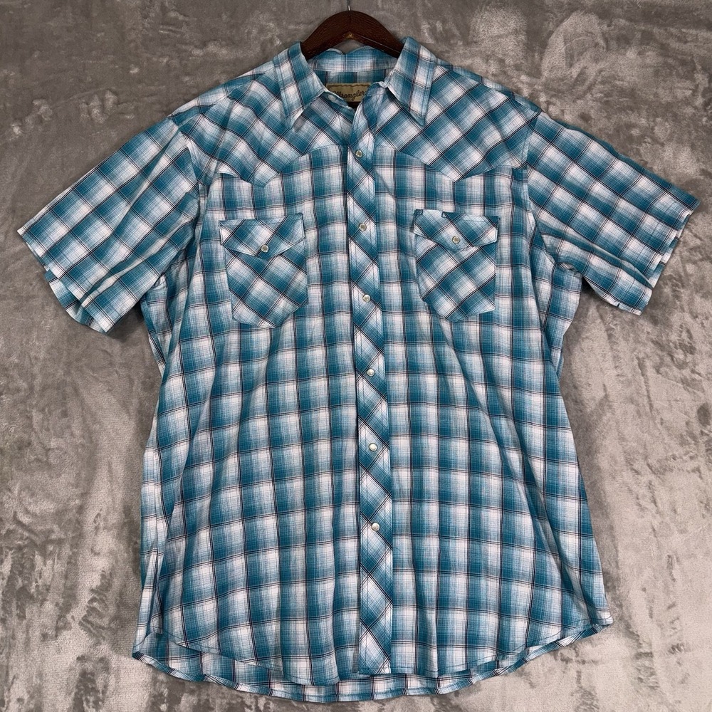 Wrangler Mens XL Turquoise & White Multicolor Short Sleeve Pearl‎ Snap Shirt